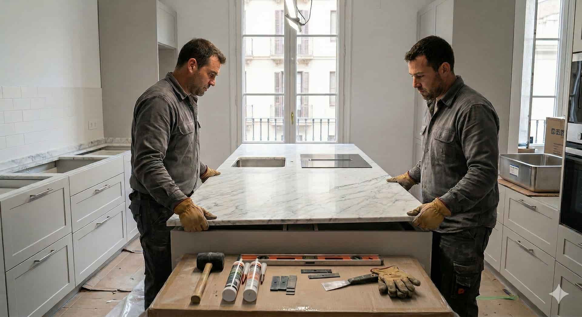 Cocina reformada en Valencia con mobiliario moderno, isla central y acabados contemporáneos